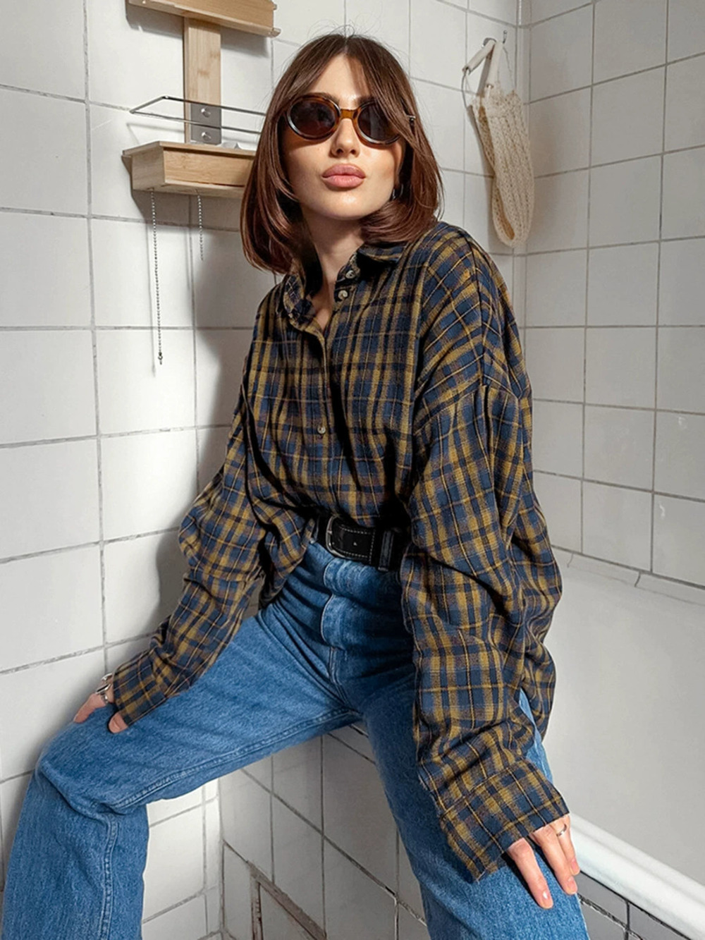 Forever 21 Spring Brown Plaid Cotton Blouse Layering Design - Picture 3 of 6